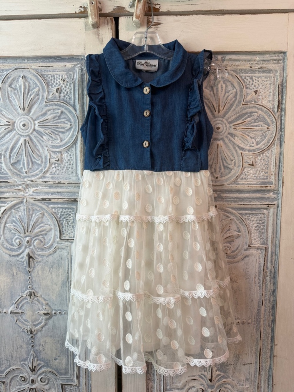 Rare Editions Denim Bodice with Cream Polka Dot Lace Tiered Skirt